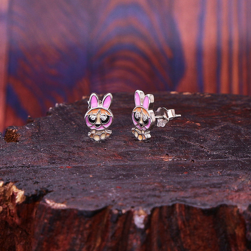 Silver Rare Rabbit Pink Stud Earrings For Kids and Girls