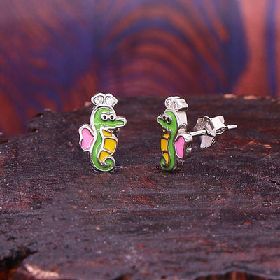 Silver Smiling Crocodile Stud Earrings For Kids and Girls